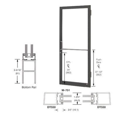 CRL-U.S. Aluminum Bronze Black Anodized 250 Series Narrow Stile (RHR) HRSO Single 3'0 x 7'0 Offset Hung with Butt Hinges for Surf Mount Closer Complete Door Std. MS Lock and Std. Bottom Rail