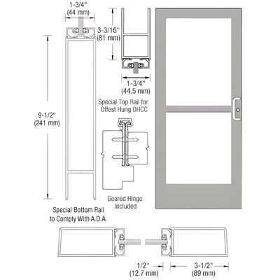 CRL-U.S. Aluminum Clear Anodized Single 36" x 84" Series 400 Medium Stile Right Side Latch Geared Hinge Entrance Door With Panic for 105 Degree Overhead Concealed Door Closer