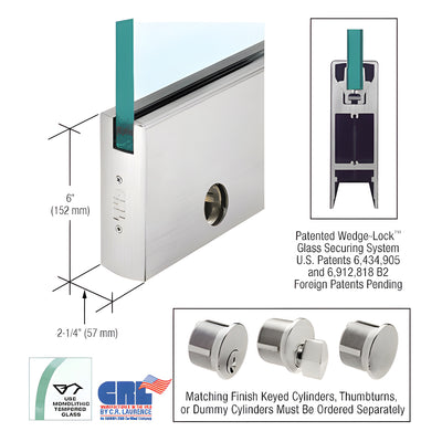 CRL Brushed Stainless 5/8" Glass 6" Square Door Rail With Lock - 35-3/4" Length