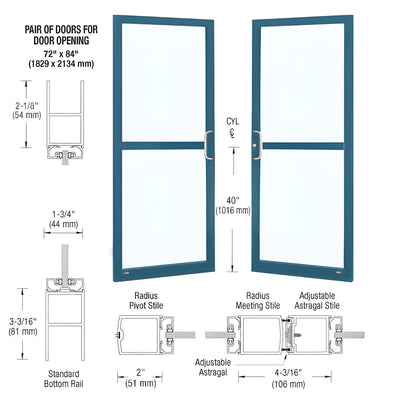 CRL-U.S. Aluminum Custom KYNAR® Paint Custom Pair Series 250 Narrow Stile Center Pivot Entrance Doors for Panics and Overhead Concealed Door Closers
