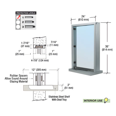 CRL Satin Anodized Bullet Resistant 24" Wide Interior Window with Surround Sound and Shelf with Deal Tray for 4-7/8" Thick Walls