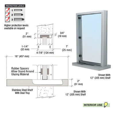CRL Brushed Stainless Steel Frame Interior Glazed Exchange Window with 18" Shelf and Deal Tray