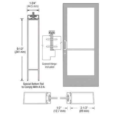 CRL-U.S. Aluminum Clear Anodized Custom Single Series 400 Medium Stile Geared Hinge Entrance Door for Surface Mount Door Closer