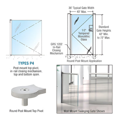CRL Brushed Stainless 1202 Series Custom Post Mounted Gate w/In-Rail Closing Mechanism, Top and Bottom Open