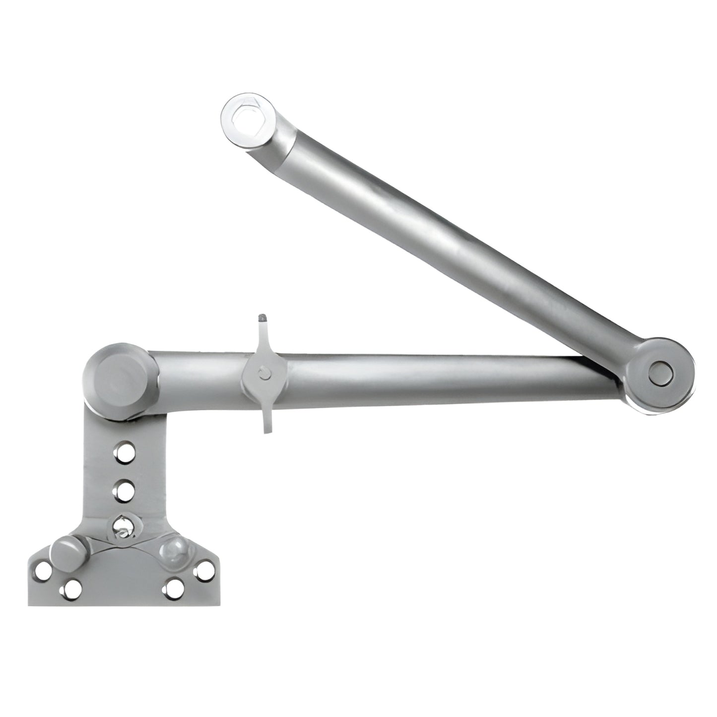 Aluminum Cush-N-Stop door closer arm, friction hold-open 90-180 , surface mount for PR90 series, silver finish.