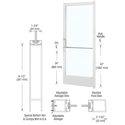 CRL-U.S. Aluminum White KYNAR® Paint 250 Series Narrow Stile Active Leaf of Pair 3'0 x 7'0 Offset Hung with Pivots for Surf Mount Closer Complete Door Std. Lock and 9-1/2" Bottom Rail