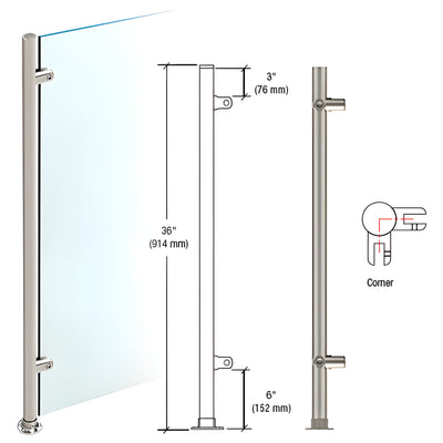 CRL Brushed Stainless 36" High 1" Round Slimline Series Straight Front Counter/Partition Corner Post