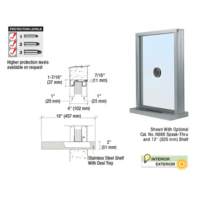 CRL Satin Anodized Aluminum Narrow Inset Frame Exterior Glazed Exchange Window With 18" Shelf and Deal Tray