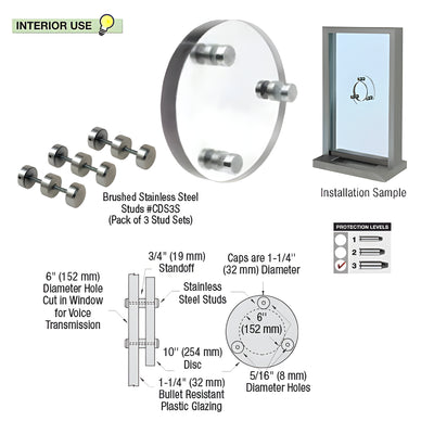 CRL Round Level 3 Clear - Vision Bullet Resistant Clear Laminated Polycarbonate Speak - Thru