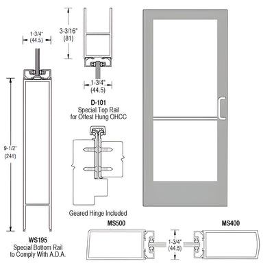 CRL-U.S. Aluminum Clear Anodized Single Inactive Leaf of Pair 36" x 84" Series 400 Medium Stile Right Side Latch Geared Hinge Entrance Door for 105º Overhead Concealed Closers - A.D.A. Access Bottom Rail