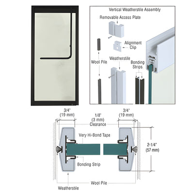 CRL Custom Matte Black vertical Weatherstile Kits for 3/4" Glass Single Doors