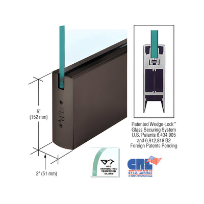 CRL Black Bronze Anodized 1/2" Glass 6" Square Door Rail Without Lock - Custom Length