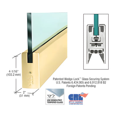 CRL Polished Brass 1/2" Glass 4" Square Door Rail Without Lock - 35-3/4" Length