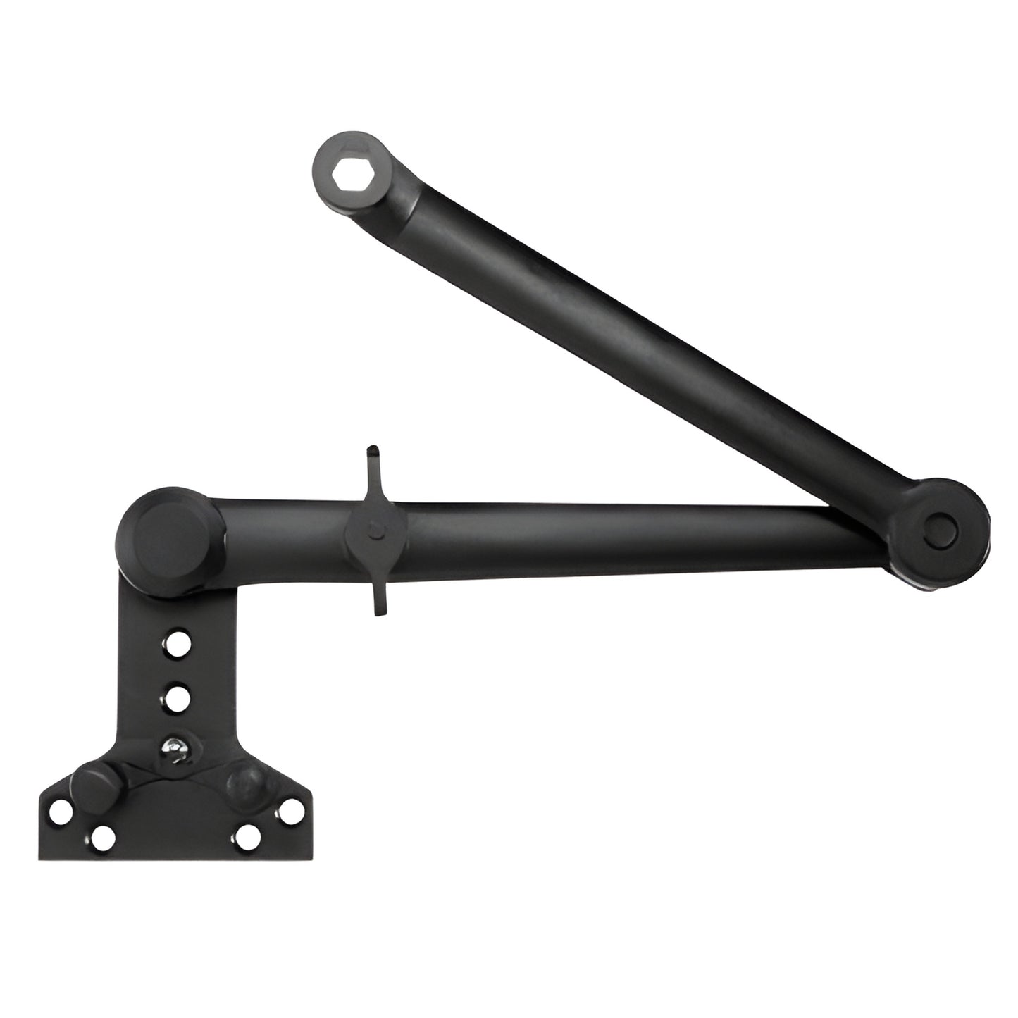 Black Cush-N-Stop friction closer arm with surface mounting bracket, hold-open 90 -180 (SKU 90H0CABL)
