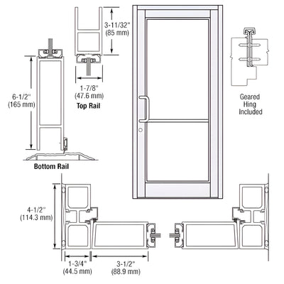 CRL-U.S. Aluminum White KYNAR® Paint Custom Single Series 800 Durafront Medium Stile Geared Hinge Entrance Door for Surface Mount Door Closer
