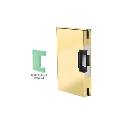 CRL Polished Brass 6" x 10" LH/RHR Custom Center Lock Glass Keeper With Deadlatch Electric Strike
