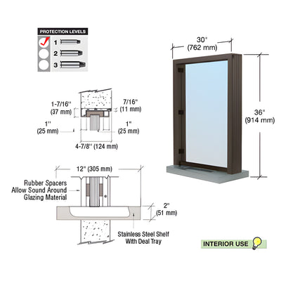 CRL Duranodic Bronze Bullet Resistant 30" Wide x 36" High Interior Window with Surround Sound and Shelf with Deal Tray for 4-7/8" Thick Walls