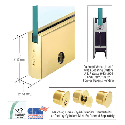 CRL Polished Brass 1/2" Glass 6" Square Door Rail With Lock - 35-3/4" Length