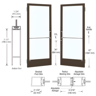 CRL-U.S. Aluminum Bronze Black Anodized Custom Pair Series 250 Narrow Stile Butt Hinge Entrance Doors for Surface Mount Door Closers