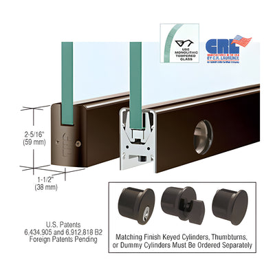 CRL Black Bronze Anodized 3/8" Glass Low Profile Square Door Rail With Lock - Custom Length