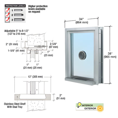 CRL Satin Anodized 34" Wide x 38" High Bullet Resistant Clamp-On Exterior Window With Speak-Thru and Shelf With Deal Tray Protection Level 1