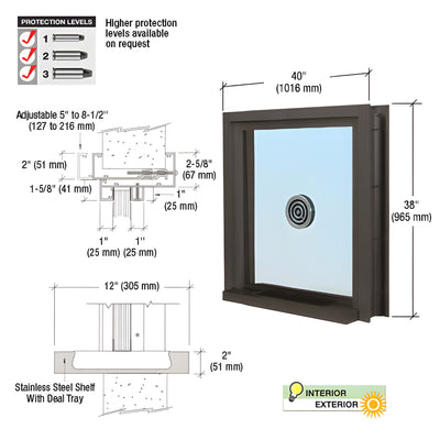 CRL Duranodic Bronze Anodized 40" Wide Bullet Resistant Exterior Window with Surround Sound, Speak-Thru and Shelf with Deal Tray