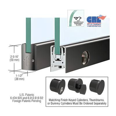 CRL Black Powder Coated 3/8" Glass Low Profile Square Door Rail With Lock - Custom Length