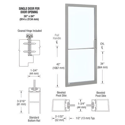 CRL-U.S. Aluminum Clear Anodized 250 Series Narrow Stile (LHR) HLSO Single 3'0 x 7'0 Offset Hung with Geared Hinged Complete Door Standard MS Lock and Bottom Rail - For 1" Glass