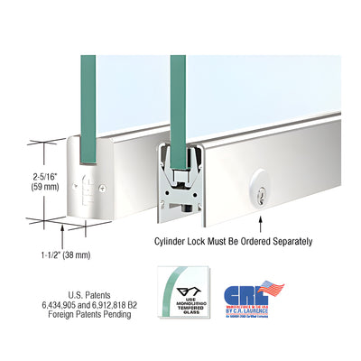 Polished Stainless Low Profile Square DRS Door Patch Rail With Lock for 3/8" Glass - 8" Length