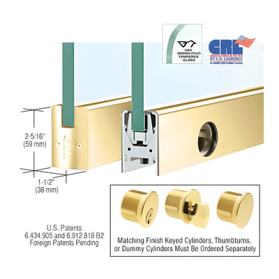 CRL Polished Brass 3/8" Glass Low Profile Square Door Rail With Lock - 35-3/4" Length