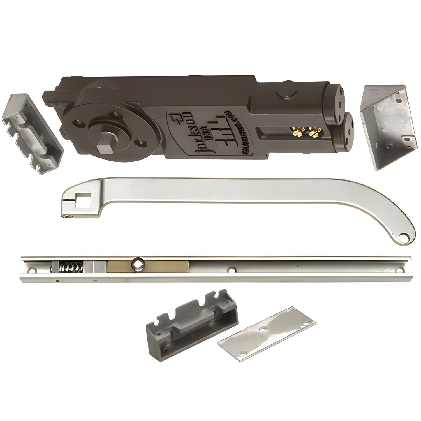 CRL Jackson 21201U62803 overhead concealed door closer kit, aluminum U-offset slide arm and mounting hardware.