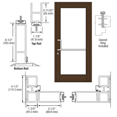 CRL-U.S. Aluminum Bronze Black Anodized Custom Single Series 800 Durafront Medium Stile Geared Hinge Entrance Door for Surface Mount Door Closer