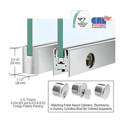 CRL Satin Anodized 3/8" Glass Low Profile Square Door Rail With Lock - 35-3/4" Length