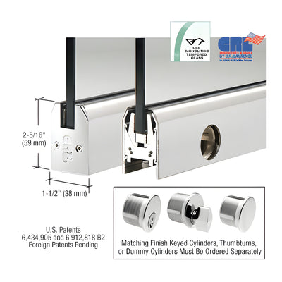 CRL Polished Stainless 1/2" Glass Low Profile Tapered Door Rail With Lock - Custom Length