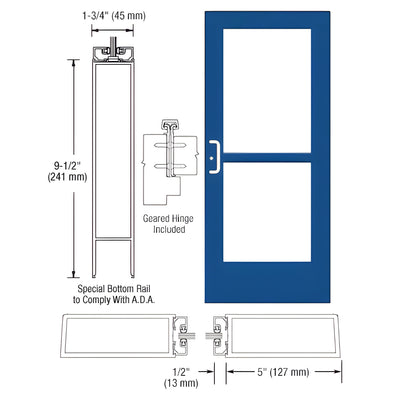 CRL-U.S. Aluminum Custom KYNAR® Paint Custom Single Series 550 Wide Stile Geared Hinge Entrance Door With Panic for Surface Mount Door Closer