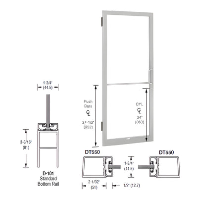 CRL-U.S. Aluminum Clear Anodized 250 Series Narrow Stile (LHR) HLSO Single 3'0 x 7'0 Offset Hung with Butt Hinges for Surf Mount Closer Complete Door Std. MS Lock & Bottom Rail