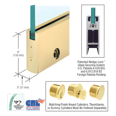 CRL Satin Brass 1/2" Glass 6" Square Door Rail With Lock - Custom Length