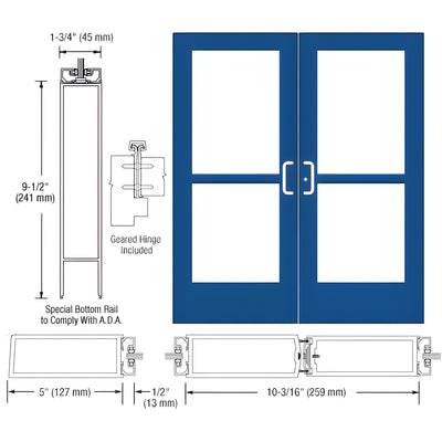 CRL-U.S. Aluminum Custom KYNAR® Paint Custom Pair Series 550 Wide Stile Geared Hinge Entrance Doors With Panics for Surface Mount Door Closers