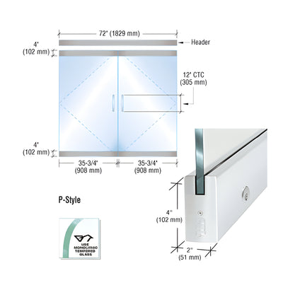 CRL Dry Glazed Frameless Glass 6'-0" P-Style Satin Anodized Double Door Complete Entrance Kit - with Lock
