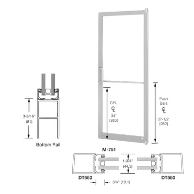 CRL-U.S. Aluminum Clear Anodized 250 Series Narrow Stile (RHR) HRSO Single 3'0 x 7'0 Offset Hung with Pivots for Surf Mount Closer Complete Door Std. MS Lock and Std. Bottom Rail