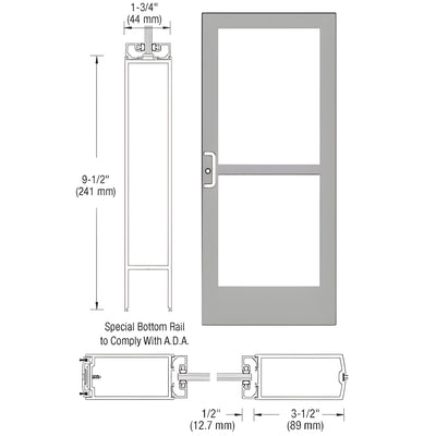 CRL-U.S. Aluminum Clear Anodized 400 Series Medium Stile Active Leaf of Pair 3'0 x 7'0 Center Hung for OHCC w/Standard Push Bars Complete Panic Door with Std. Panic and 9-1/2" Bottom Rail
