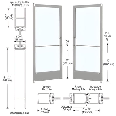 CRL-U.S. Aluminum Clear Anodized Custom Size Pair Series 250 Narrow Stile Offset Pivot Entrance Doors for Overhead Concealed Door Closers