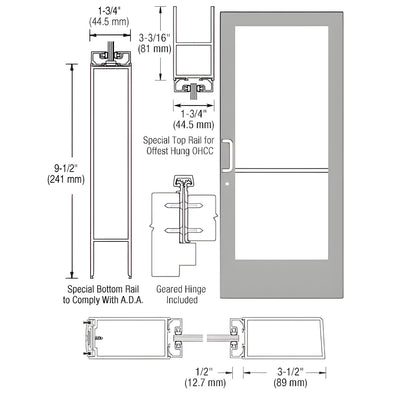 CRL-U.S. Aluminum Clear Anodized Single Active Leaf of Pair 36" x 84" Series 400 Medium Stile Left Side Latch Geared Hinge Entrance Door for 105º Overhead Concealed Closers - A.D.A. Access Bottom Rail
