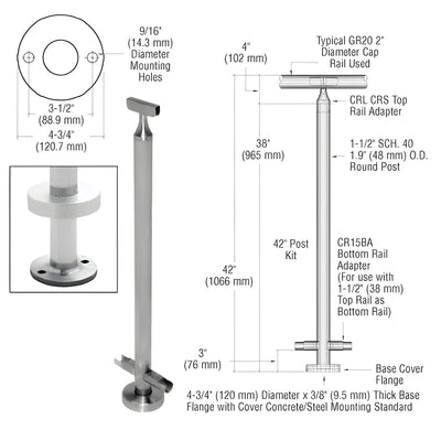 CRL Brushed Stainless 42" CRS Stainless Steel 180º Center Post Kit