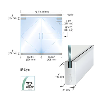 CRL Dry Glazed Frameless Glass 6' BP-Style Satin Anodized Double Door Complete Entrance Kit - without Lock