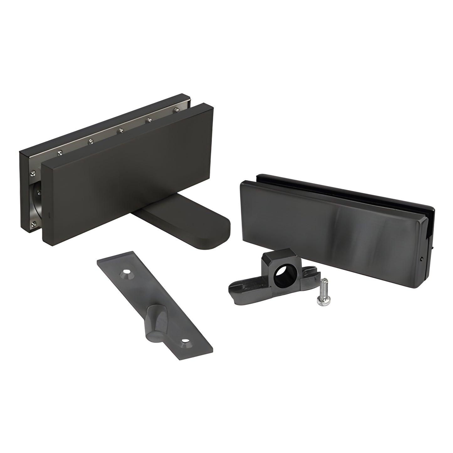 Matte black CRL380MBLSET hydraulic patch hinge set for frameless glass doors, flush-mount pivot and patch hardware