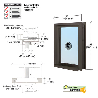 CRL Duranodic Bronze Anodized 34" Wide x 38" High Bullet Resistant Clamp-On Exterior Window With Speak-Thru and Shelf With Deal Tray Protection Level 1