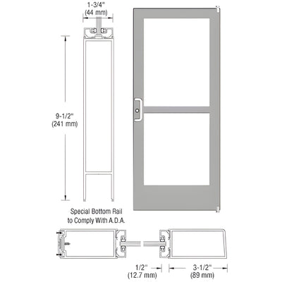 CRL-U.S. Aluminum Clear Anodized 400 Series Medium Stile Active Leaf of Pair 3'0 x 7'0 Offset Hung with Pivots for Surf Mount Closer Complete Panic Door with Std. Panic and 9-1/2" Bottom Rail