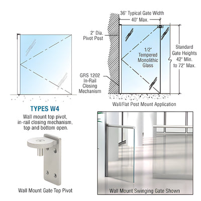 CRL Brushed Stainless 1202 Series Custom Wall Mounted Gate w/In-Rail Closing Mechanism, Top and Bottom Open
