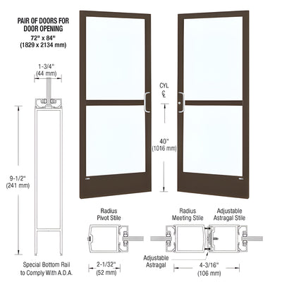 CRL-U.S. Aluminum Bronze Black Anodized Custom Pair Series 250 Narrow Stile Center Pivot Entrance Doors With Panics for Overhead Concealed Door Closers